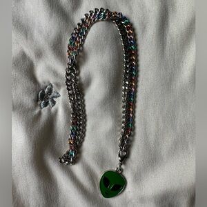 green alien rainbow silver necklace